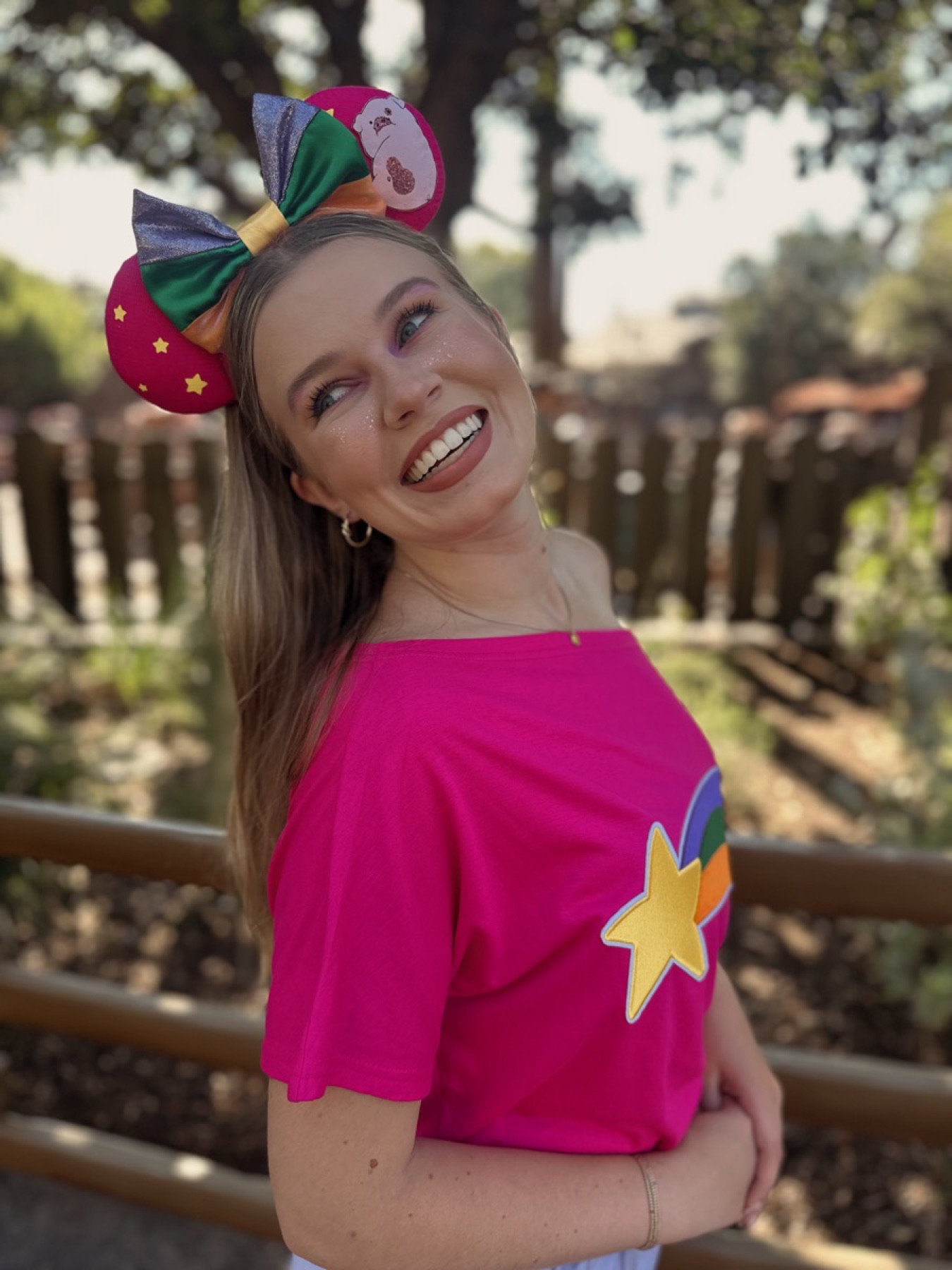 Mystery Twin. Pink sparkle tulle, vinyl stars, rainbow bow.